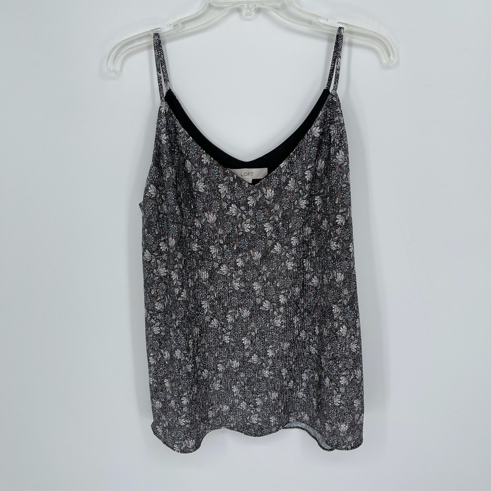 LOFT NWT Women's Black Floral Pleated Metallic Cami Tank Top Size Large‎